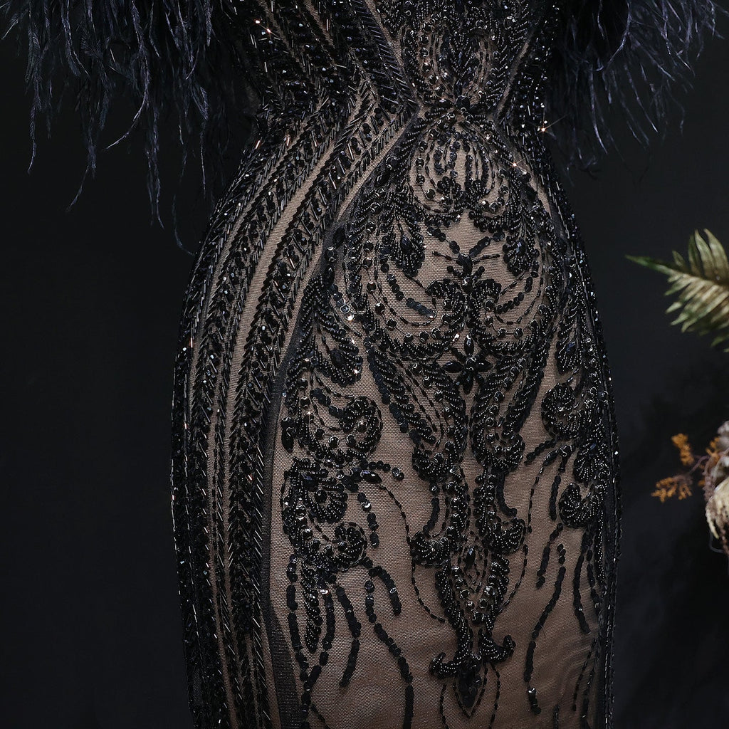 Luxury Black Off-the-Shoulder Beaded Feather Mermaid Evening Dress SS792