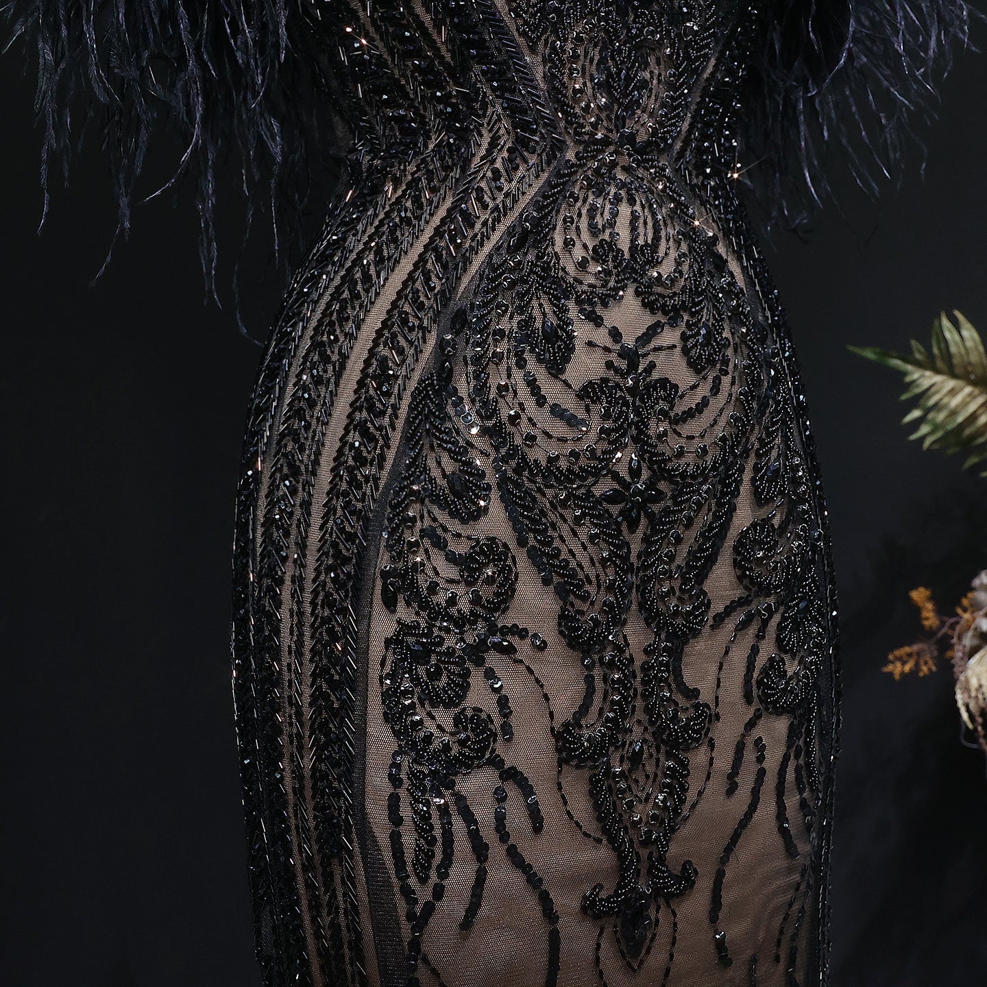 Luxury Black Off-the-Shoulder Beaded Feather Mermaid Evening Dress SS792