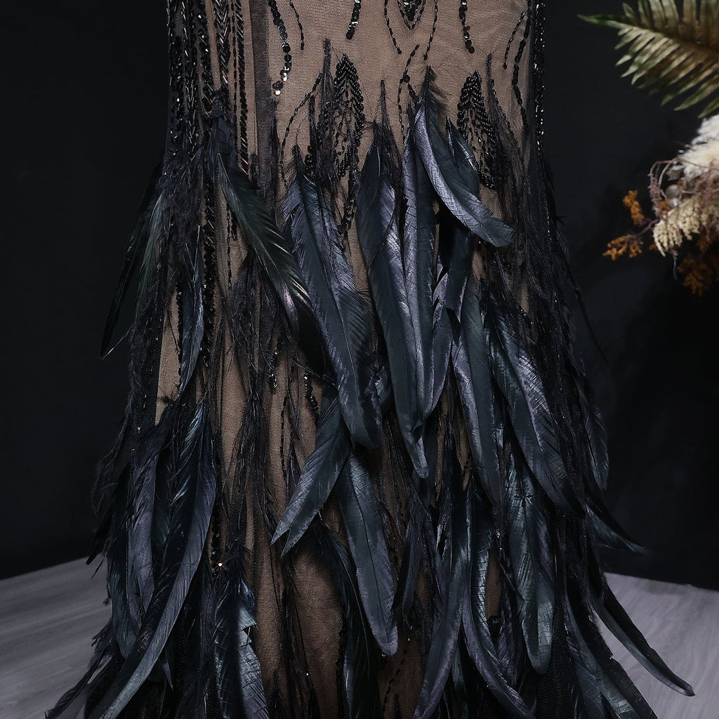 Luxury Black Off-the-Shoulder Beaded Feather Mermaid Evening Dress SS792