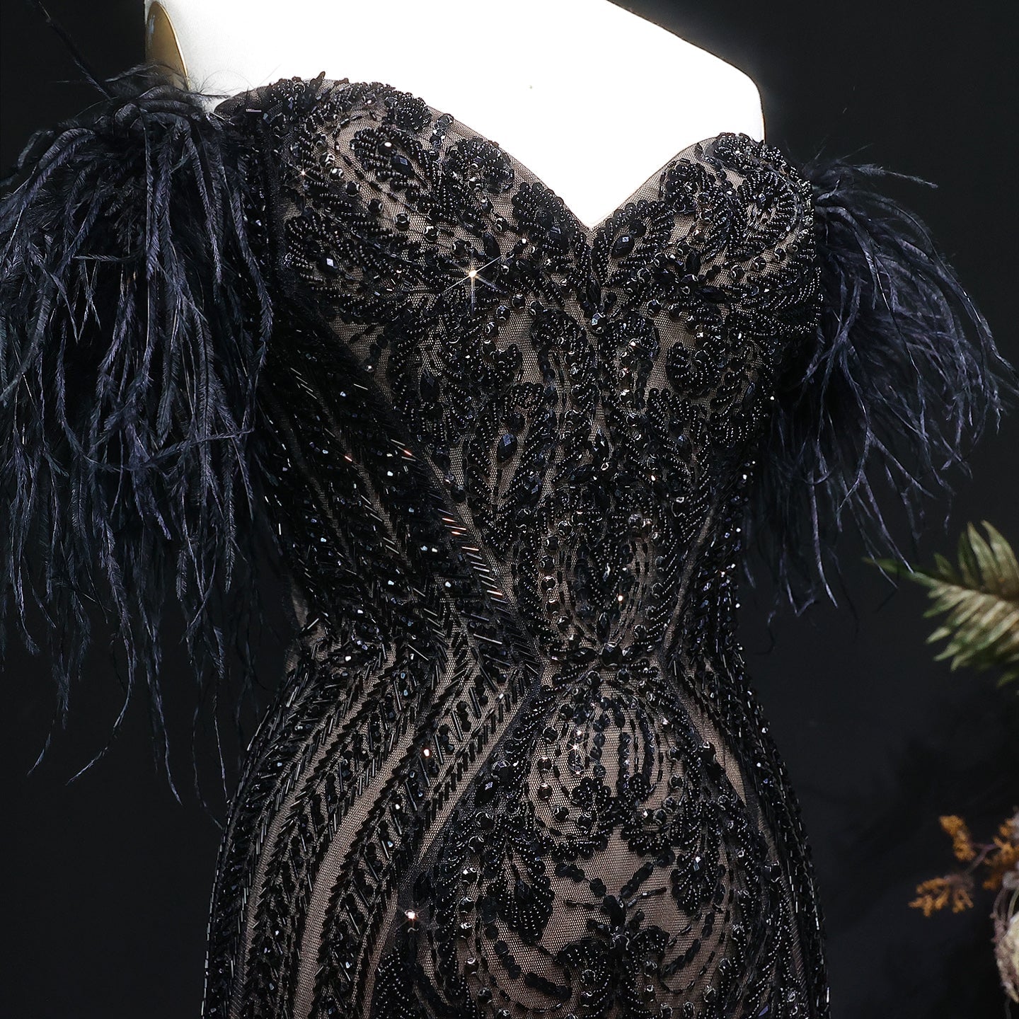 Luxury Black Off-the-Shoulder Beaded Feather Mermaid Evening Dress SS792