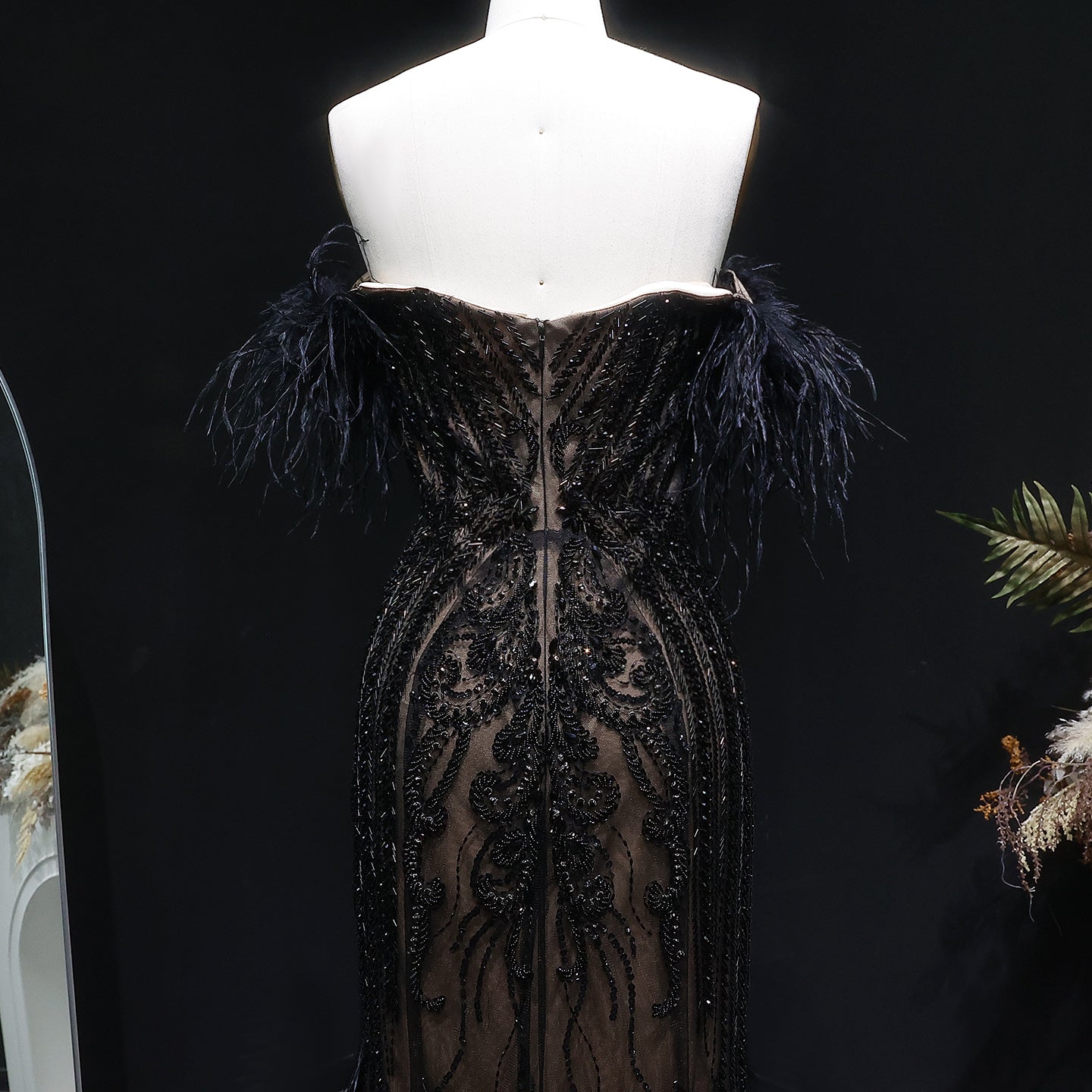 Luxury Black Off-the-Shoulder Beaded Feather Mermaid Evening Dress SS792