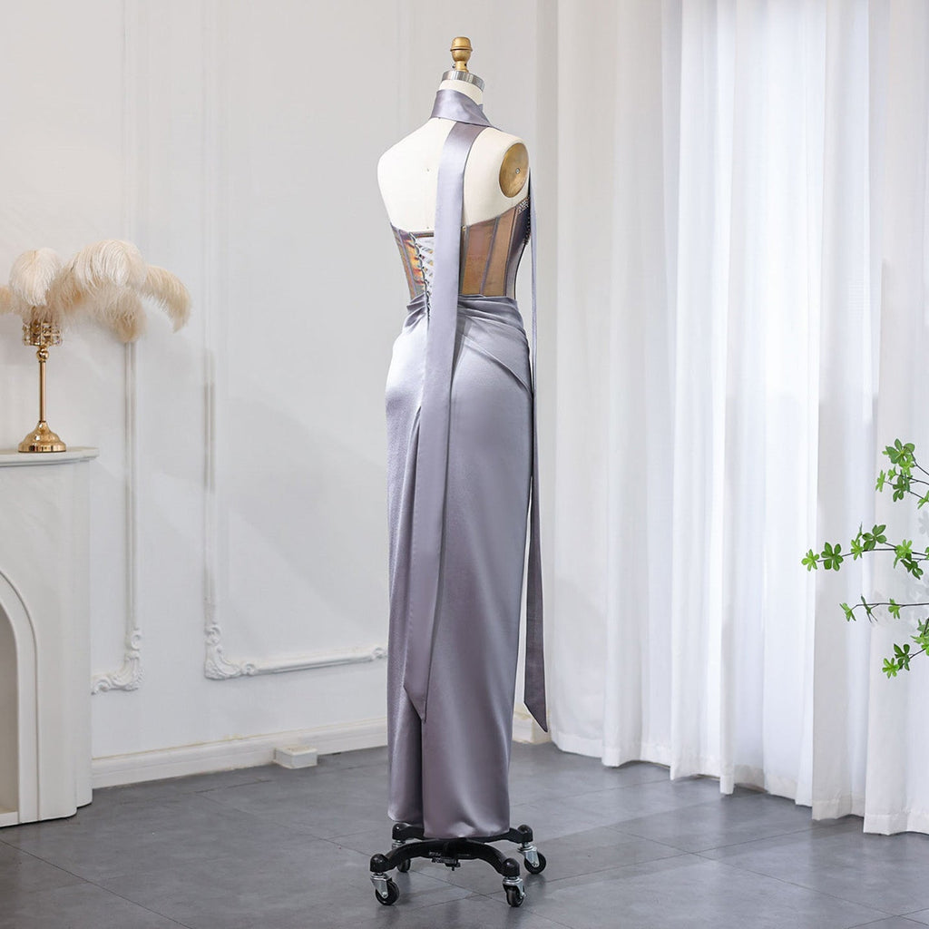 Elegant Beaded Strapless Gray Evening Dress with Scarf SS704