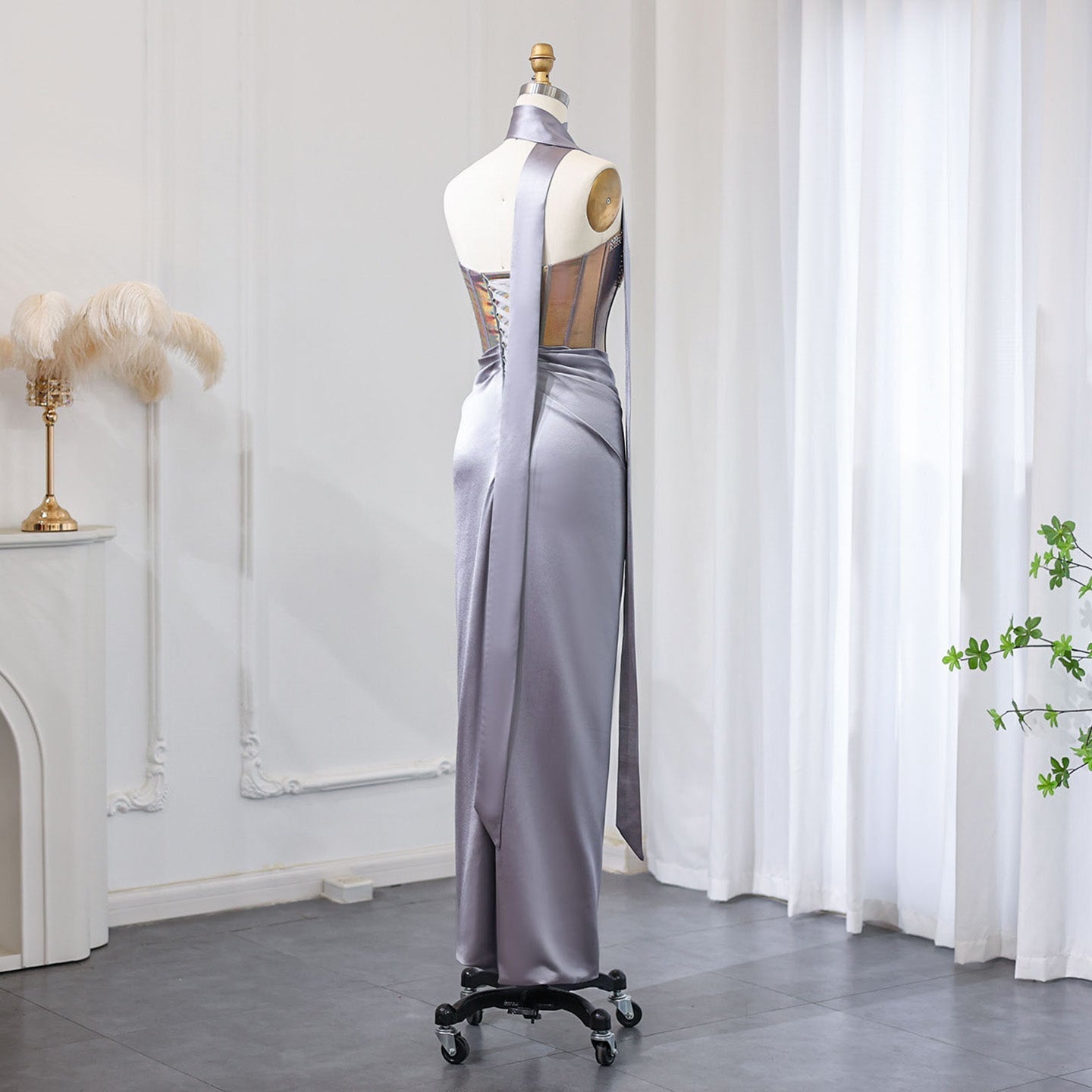 Elegant Beaded Strapless Gray Evening Dress with Scarf SS704
