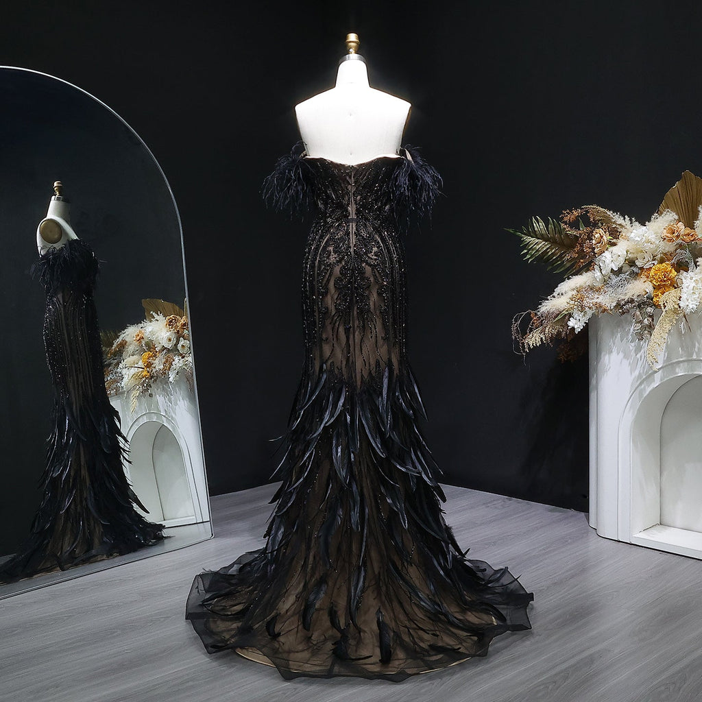 Luxury Black Off-the-Shoulder Beaded Feather Mermaid Evening Dress SS792