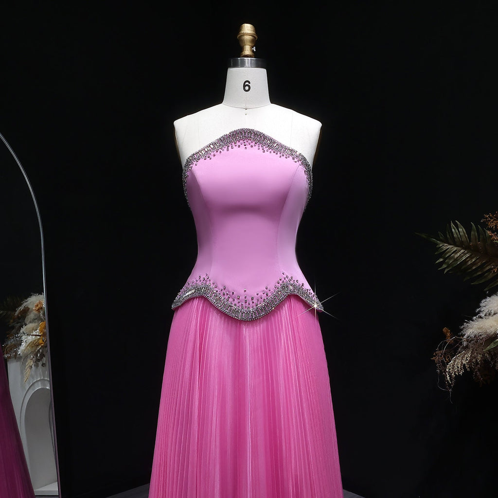 Elegant Pink Strapless Beaded Chiffon Evening Dress SS789