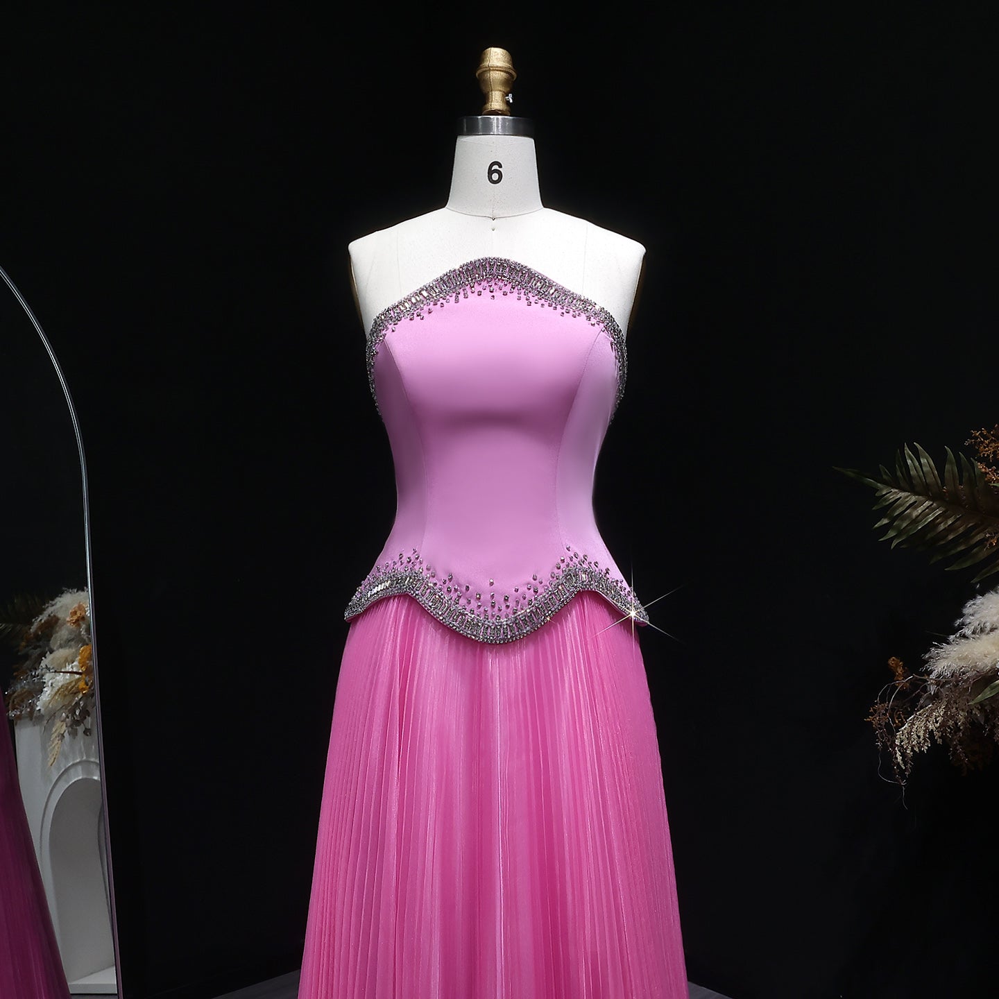 Elegant Pink Strapless Beaded Chiffon Evening Dress SS789