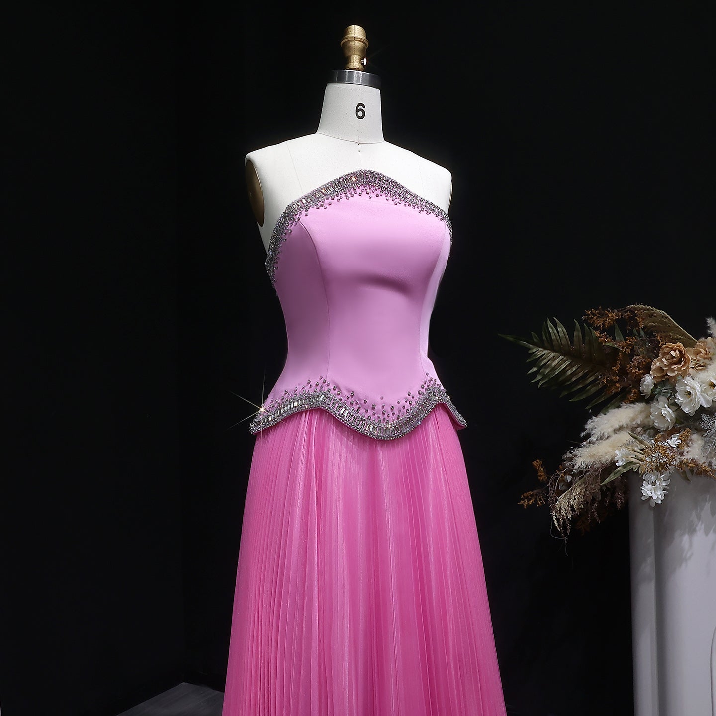 Elegant Pink Strapless Beaded Chiffon Evening Dress SS789