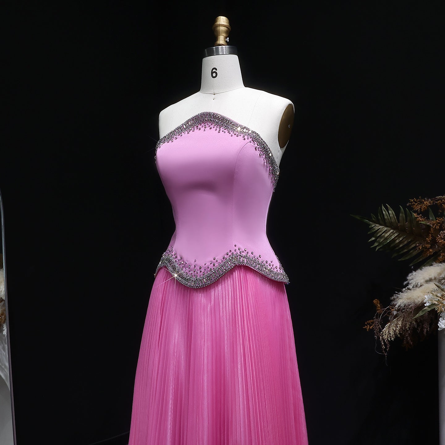 Elegant Pink Strapless Beaded Chiffon Evening Dress SS789