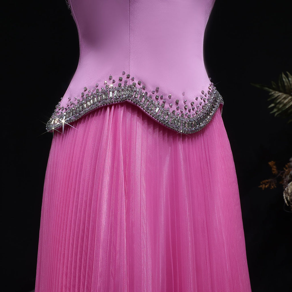 Elegant Pink Strapless Beaded Chiffon Evening Dress SS789