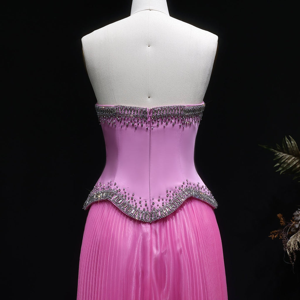 Elegant Pink Strapless Beaded Chiffon Evening Dress SS789