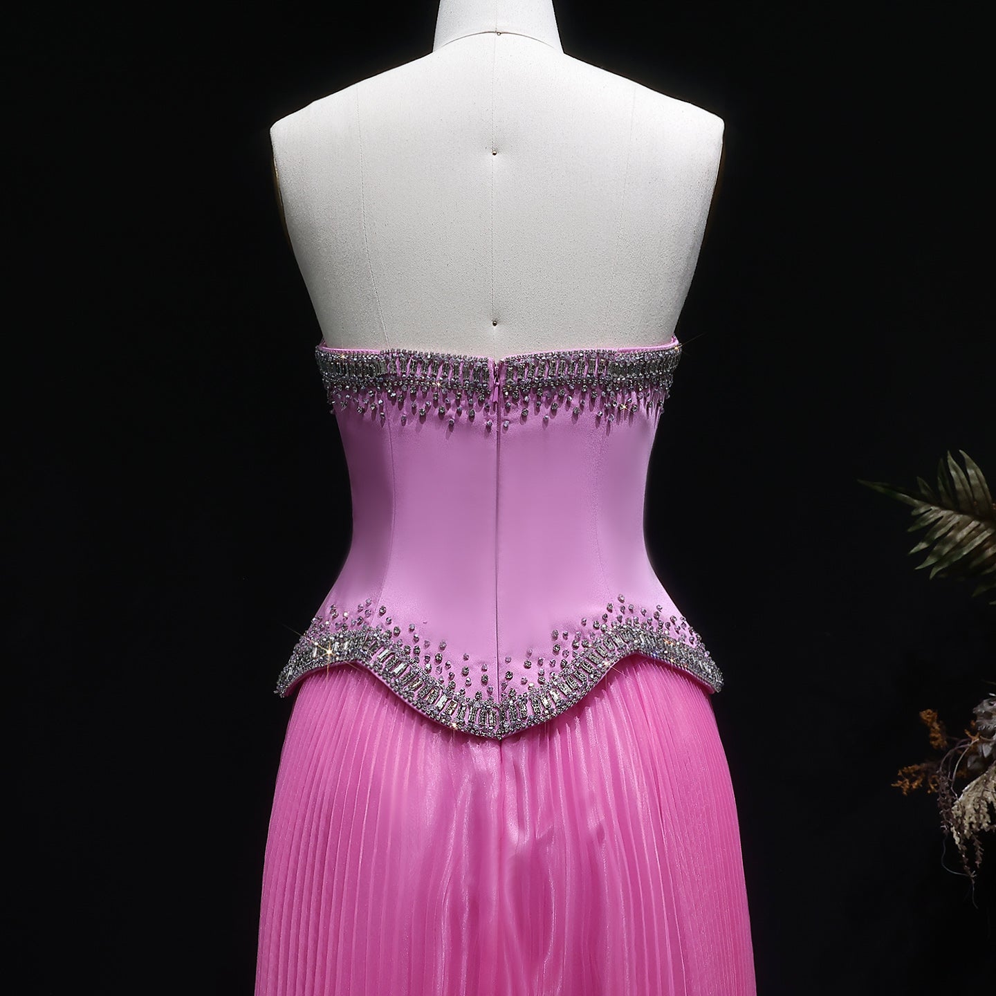 Elegant Pink Strapless Beaded Chiffon Evening Dress SS789