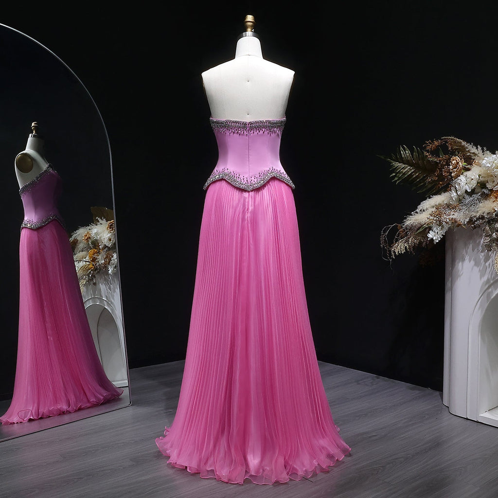 Elegant Pink Strapless Beaded Chiffon Evening Dress SS789