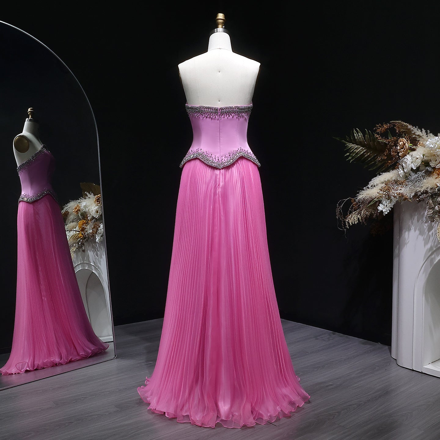Elegant Pink Strapless Beaded Chiffon Evening Dress SS789