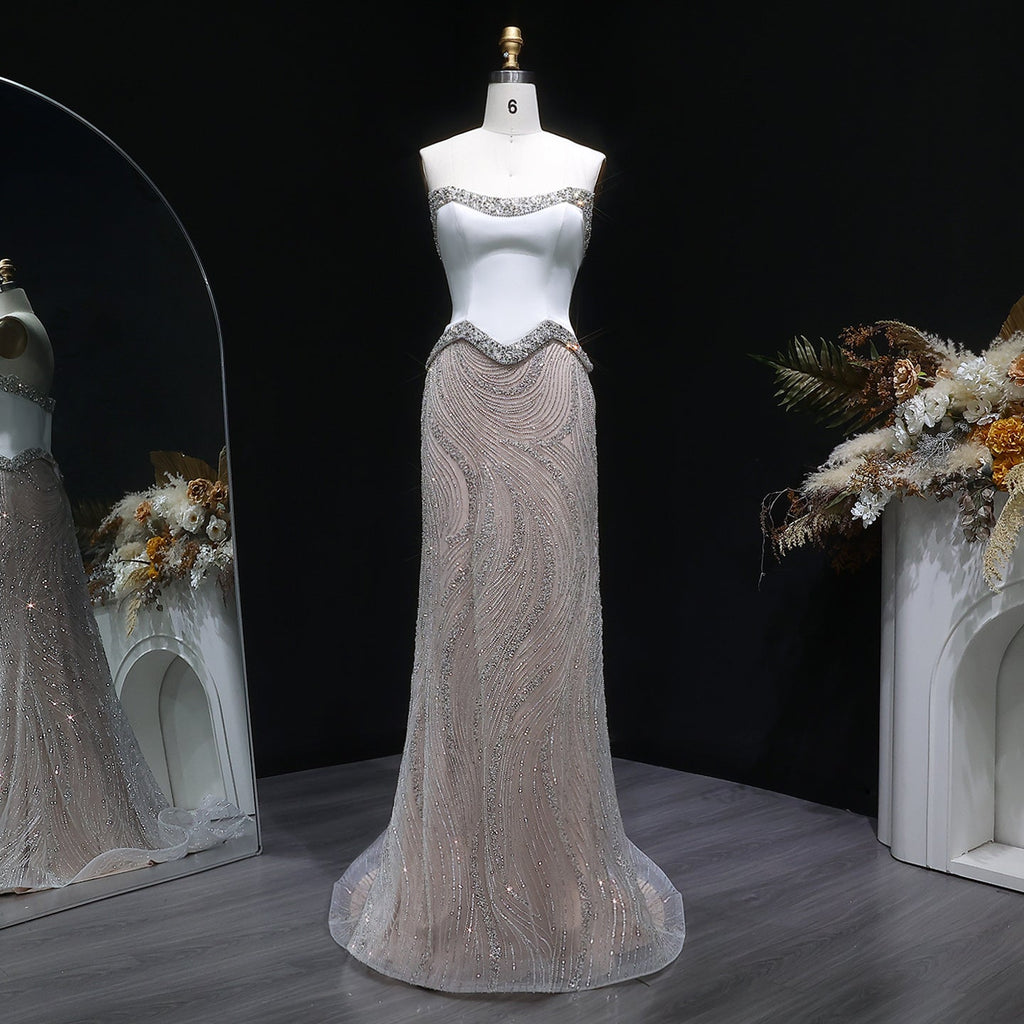 Chic White Crystal Beaded Wave Pattern Mermaid Evening Dress SS790