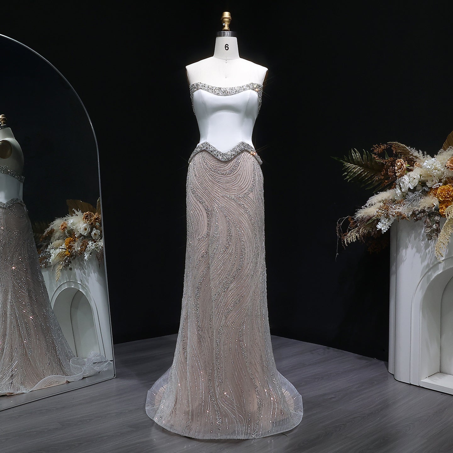 Chic White Crystal Beaded Wave Pattern Mermaid Evening Dress SS790