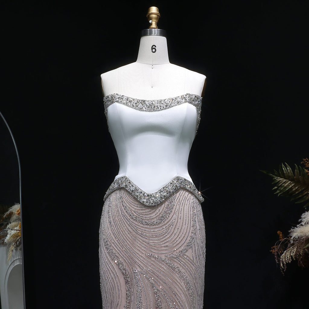 Chic White Crystal Beaded Wave Pattern Mermaid Evening Dress SS790