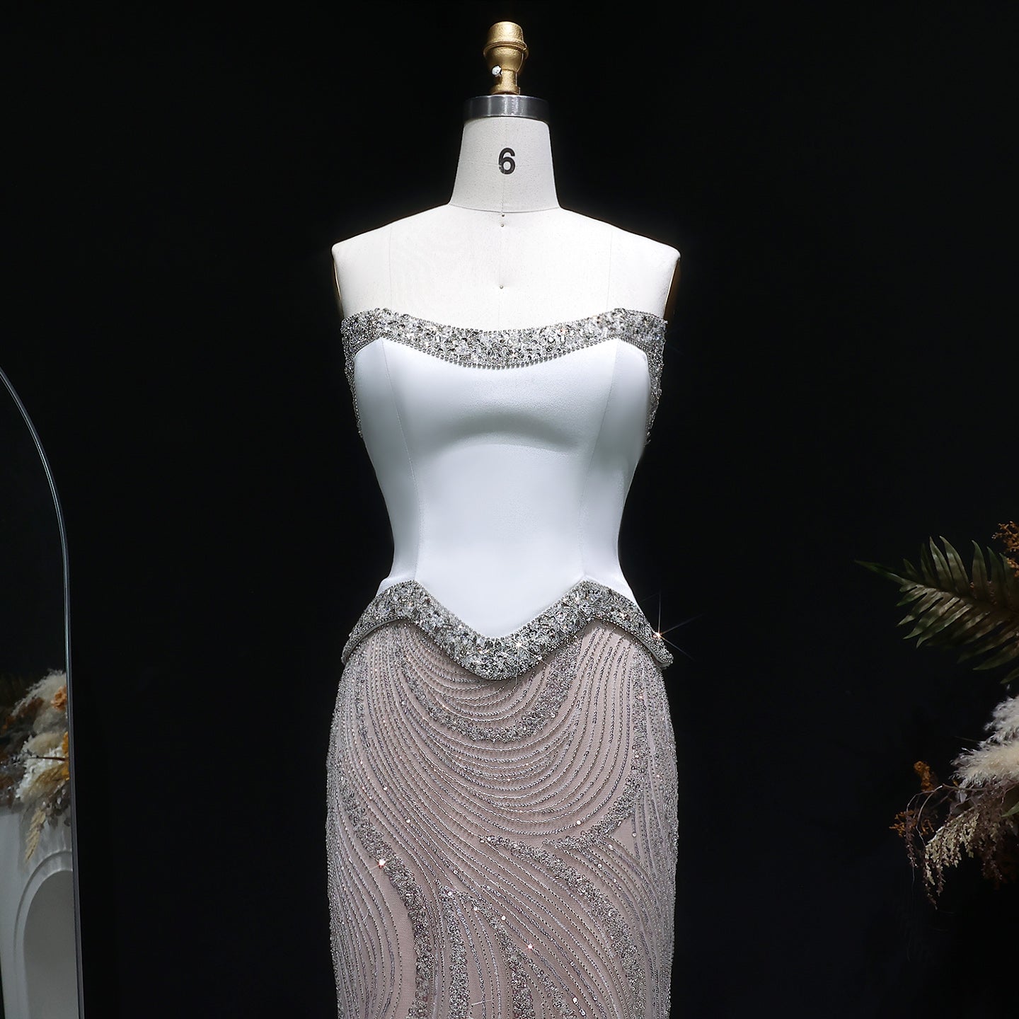 Chic White Crystal Beaded Wave Pattern Mermaid Evening Dress SS790