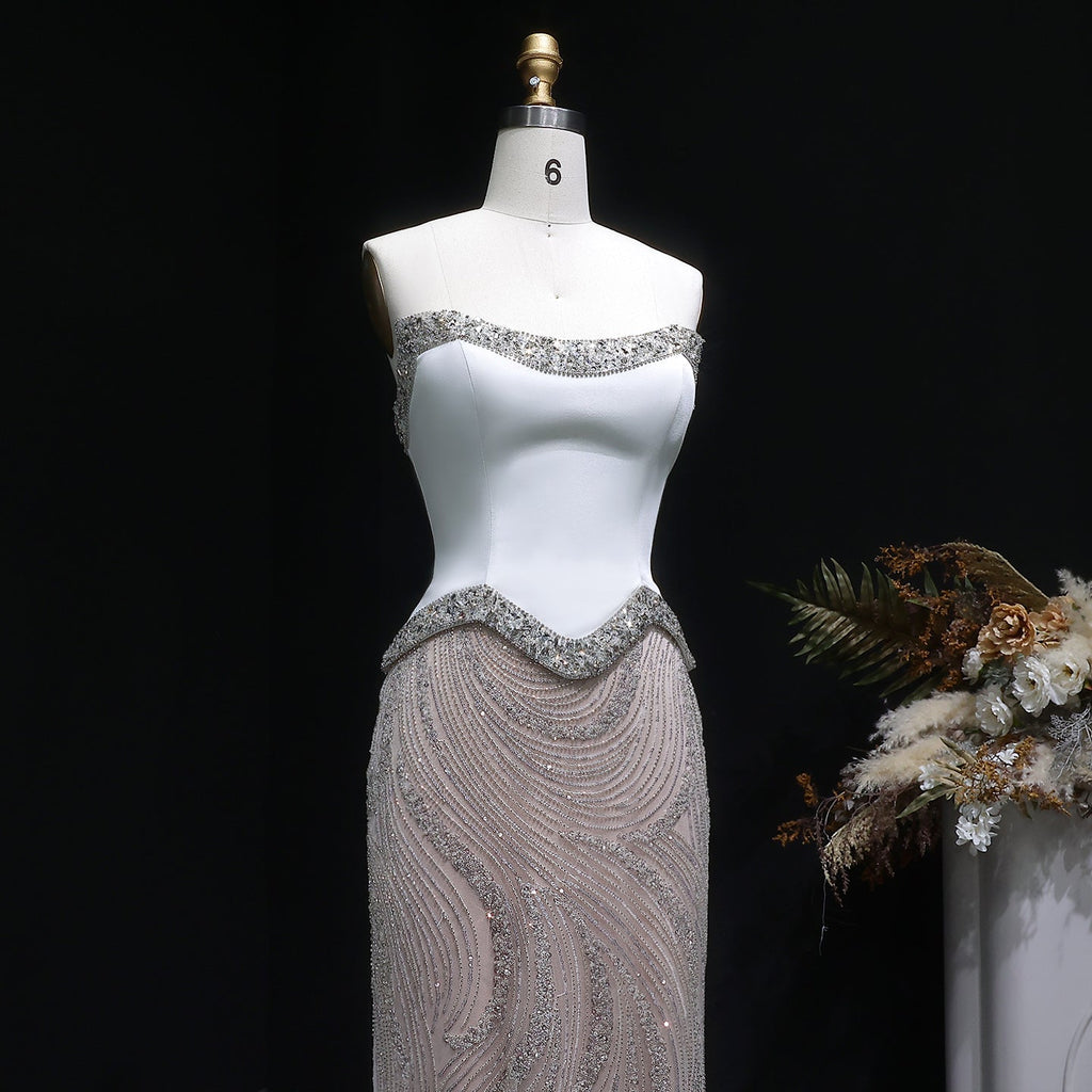 Chic White Crystal Beaded Wave Pattern Mermaid Evening Dress SS790