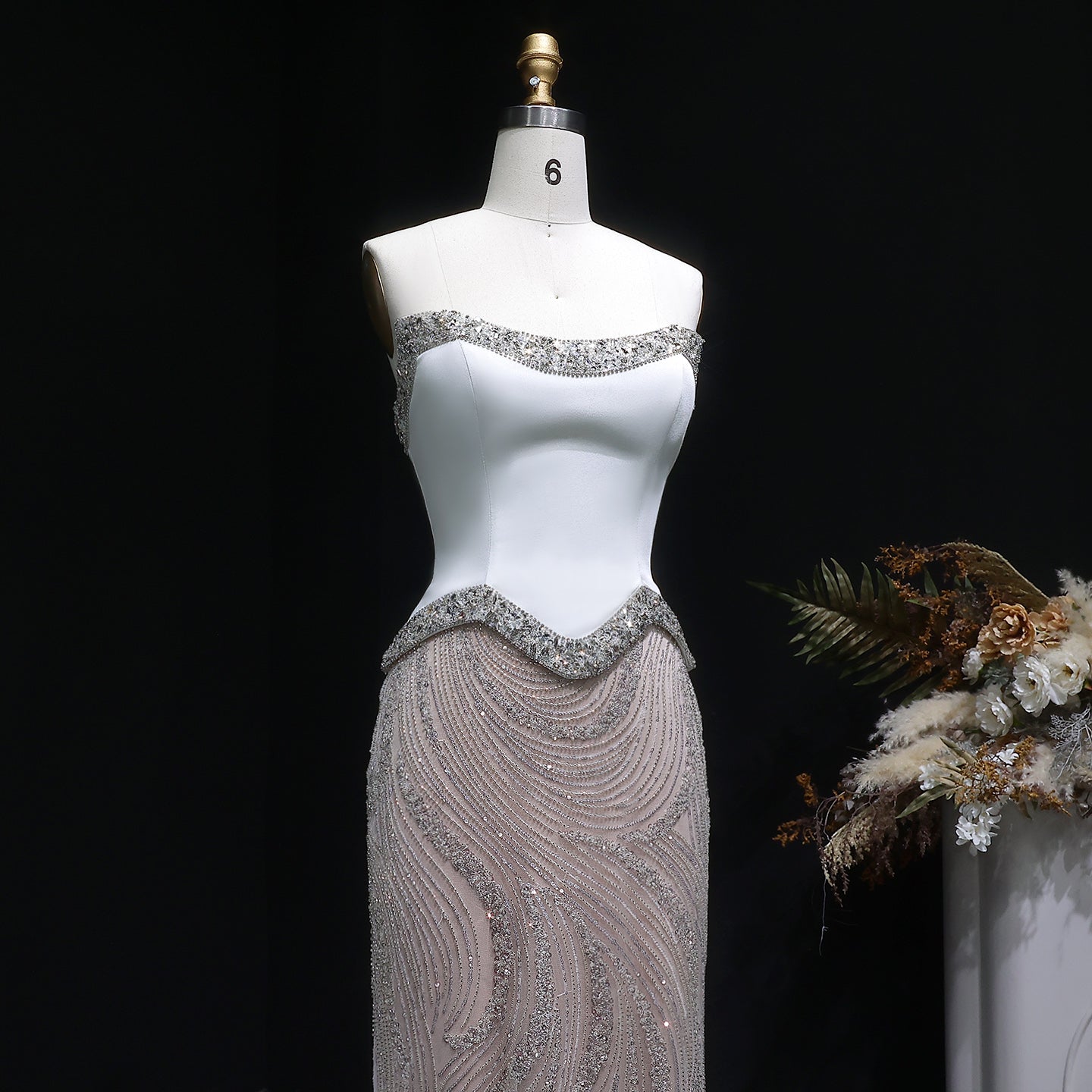 Chic White Crystal Beaded Wave Pattern Mermaid Evening Dress SS790