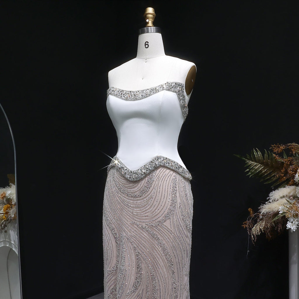 Chic White Crystal Beaded Wave Pattern Mermaid Evening Dress SS790