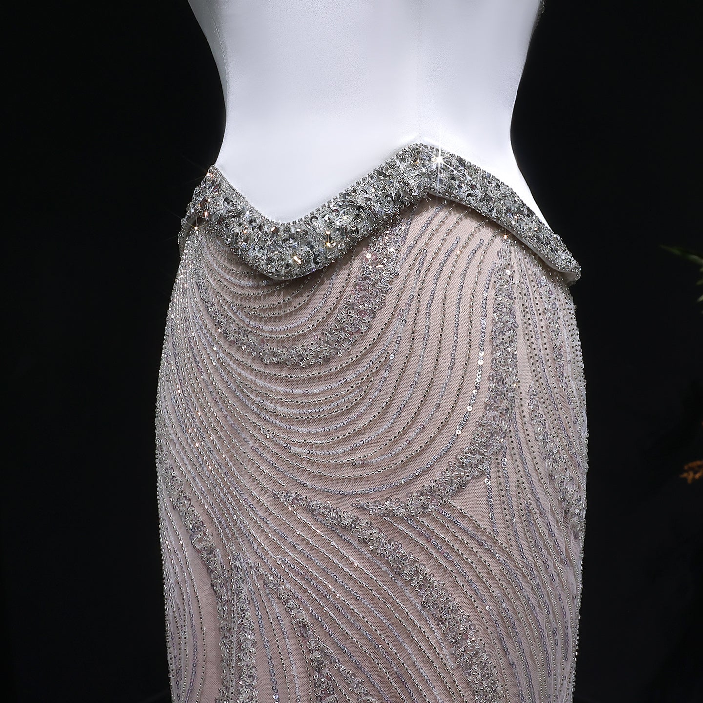Chic White Crystal Beaded Wave Pattern Mermaid Evening Dress SS790