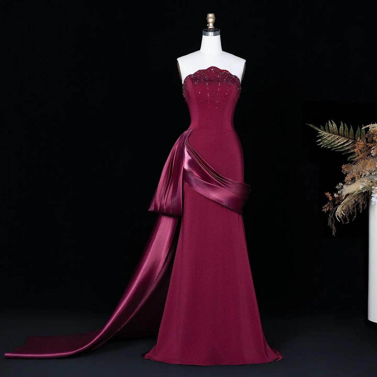 Romantic Burgundy Strapless Beaded Evening Dress with Statement Satin Draped Train SS608