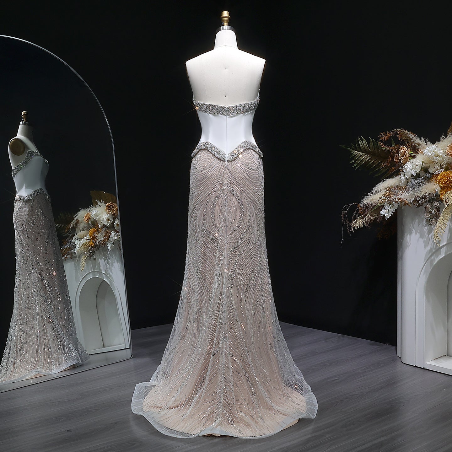 Chic White Crystal Beaded Wave Pattern Mermaid Evening Dress SS790