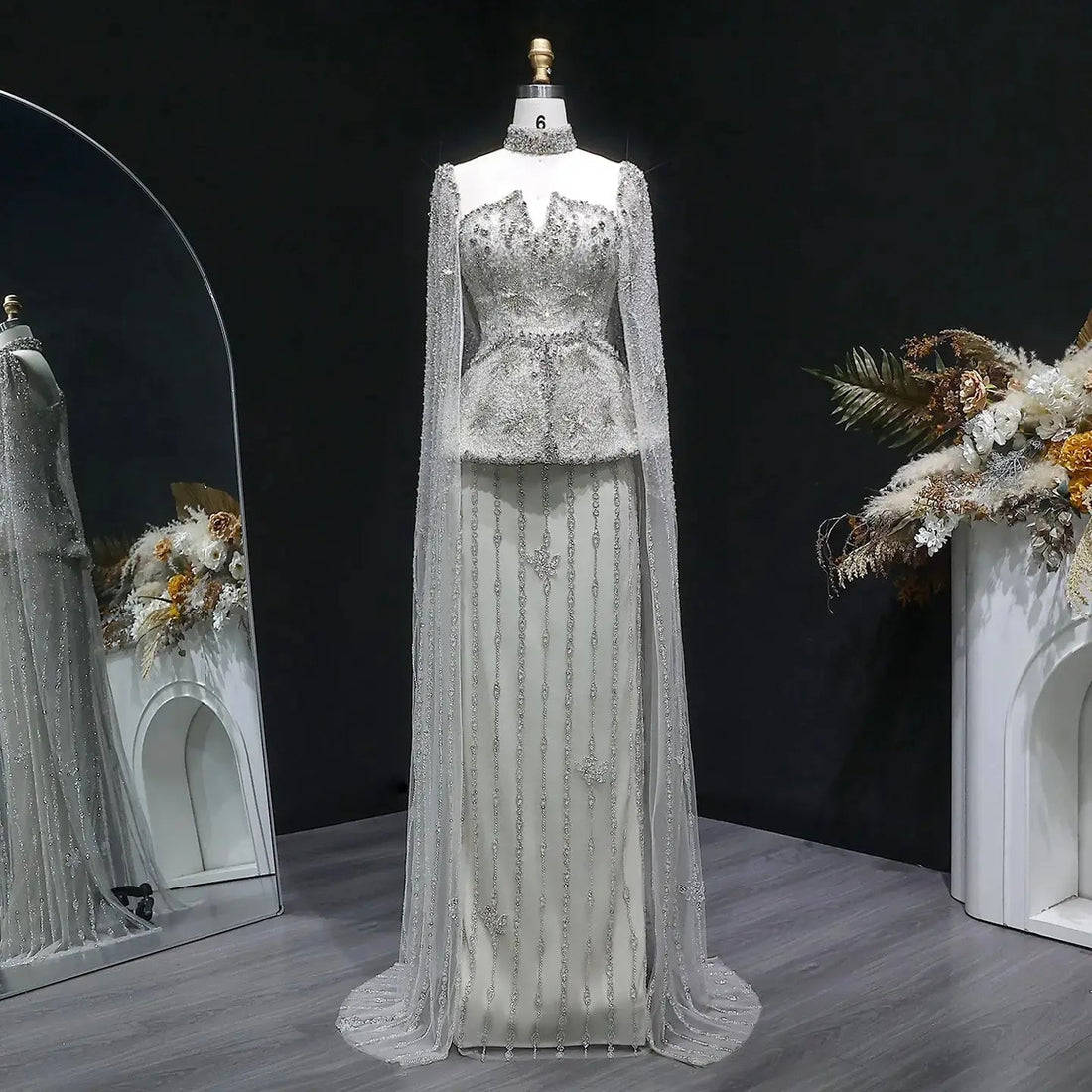 Elegant Silver High Neck Sheer Fitted Evening Dress with Cape Sleeve SS531