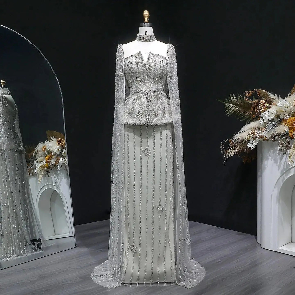 Elegant Silver High Neck Sheer Fitted Evening Dress with Cape Sleeve SS531