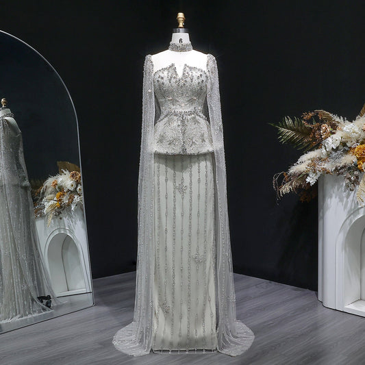 Glamorous Silver High Neck Sheer Evening Dress with Cape Sleeves SS531
