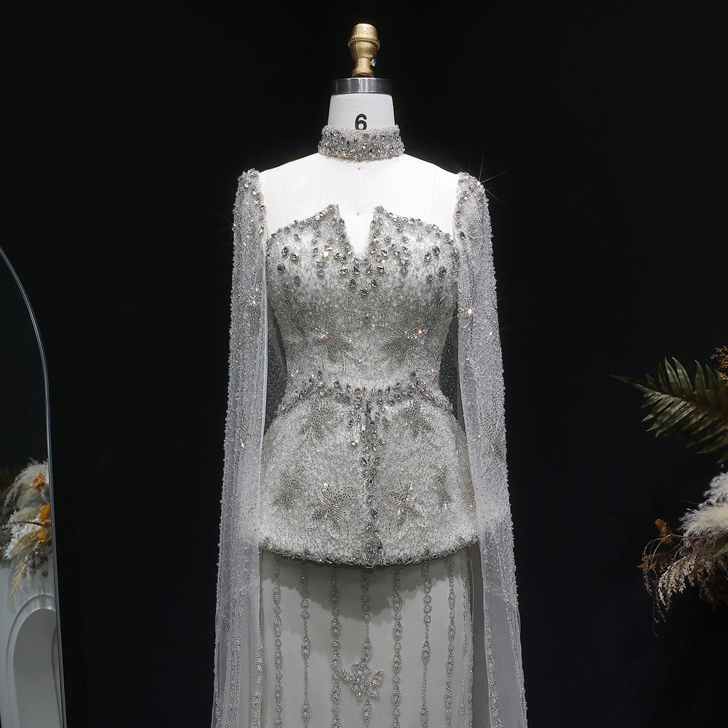 Glamorous Silver High Neck Sheer Evening Dress with Cape Sleeves SS531