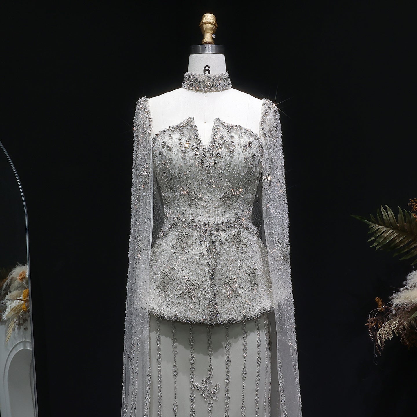 Glamorous Silver High Neck Sheer Evening Dress with Cape Sleeves SS531