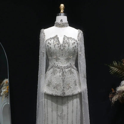 Elegant Silver High Neck Sheer Fitted Evening Dress with Cape Sleeve SS531
