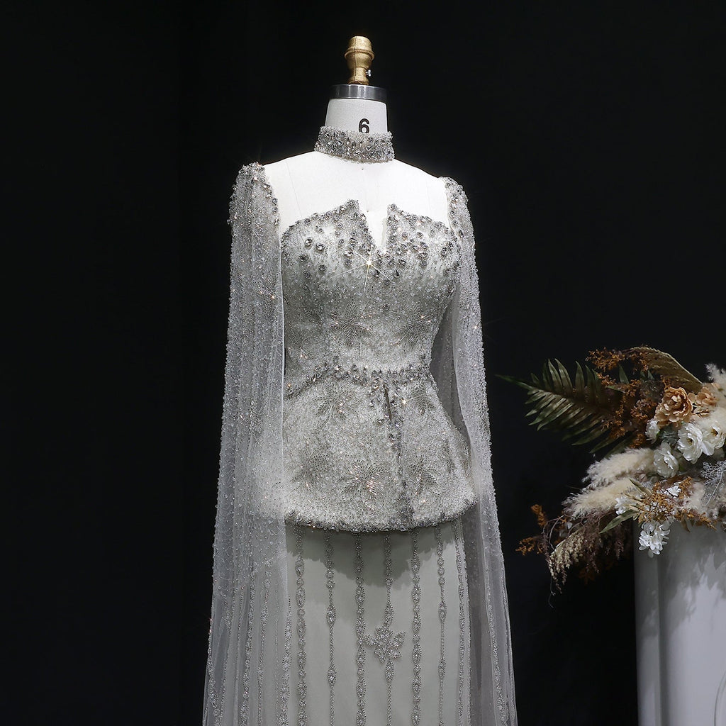 Glamorous Silver High Neck Sheer Evening Dress with Cape Sleeves SS531