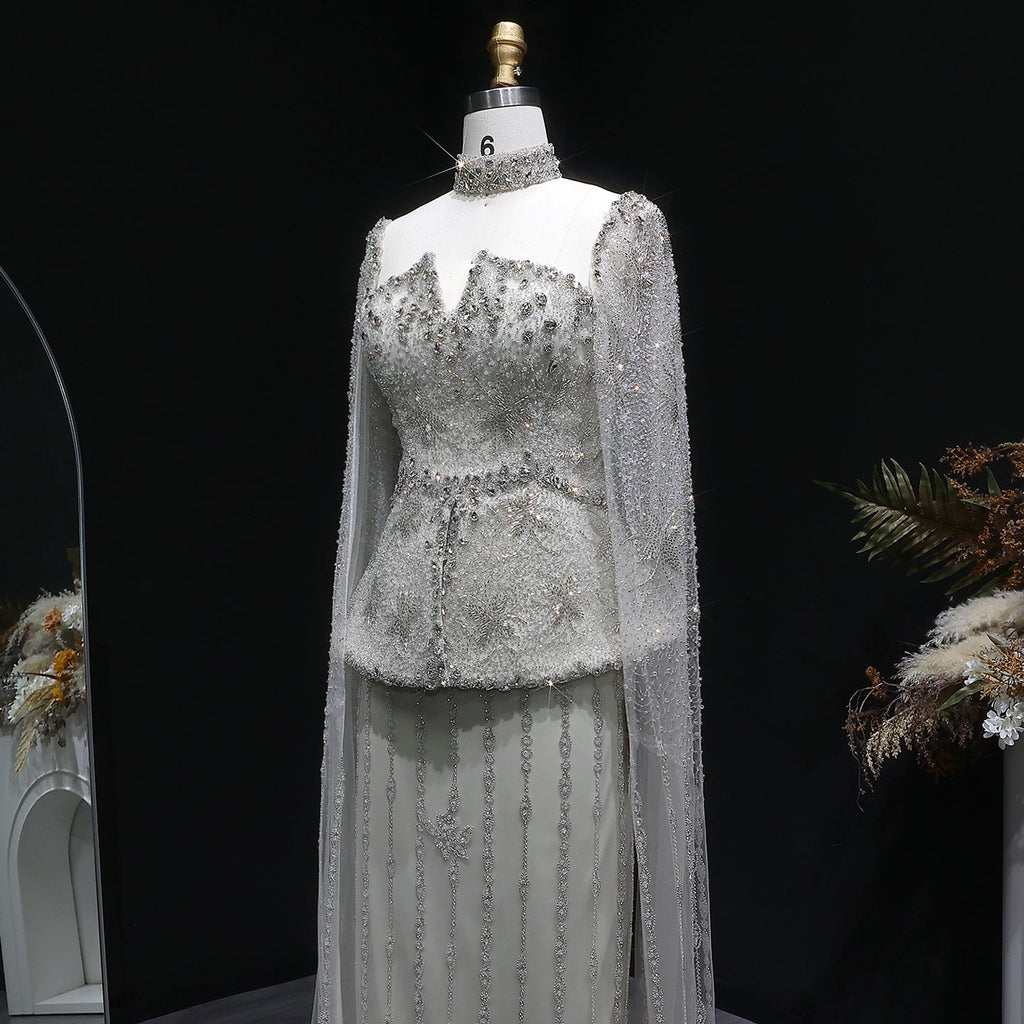 Glamorous Silver High Neck Sheer Evening Dress with Cape Sleeves SS531
