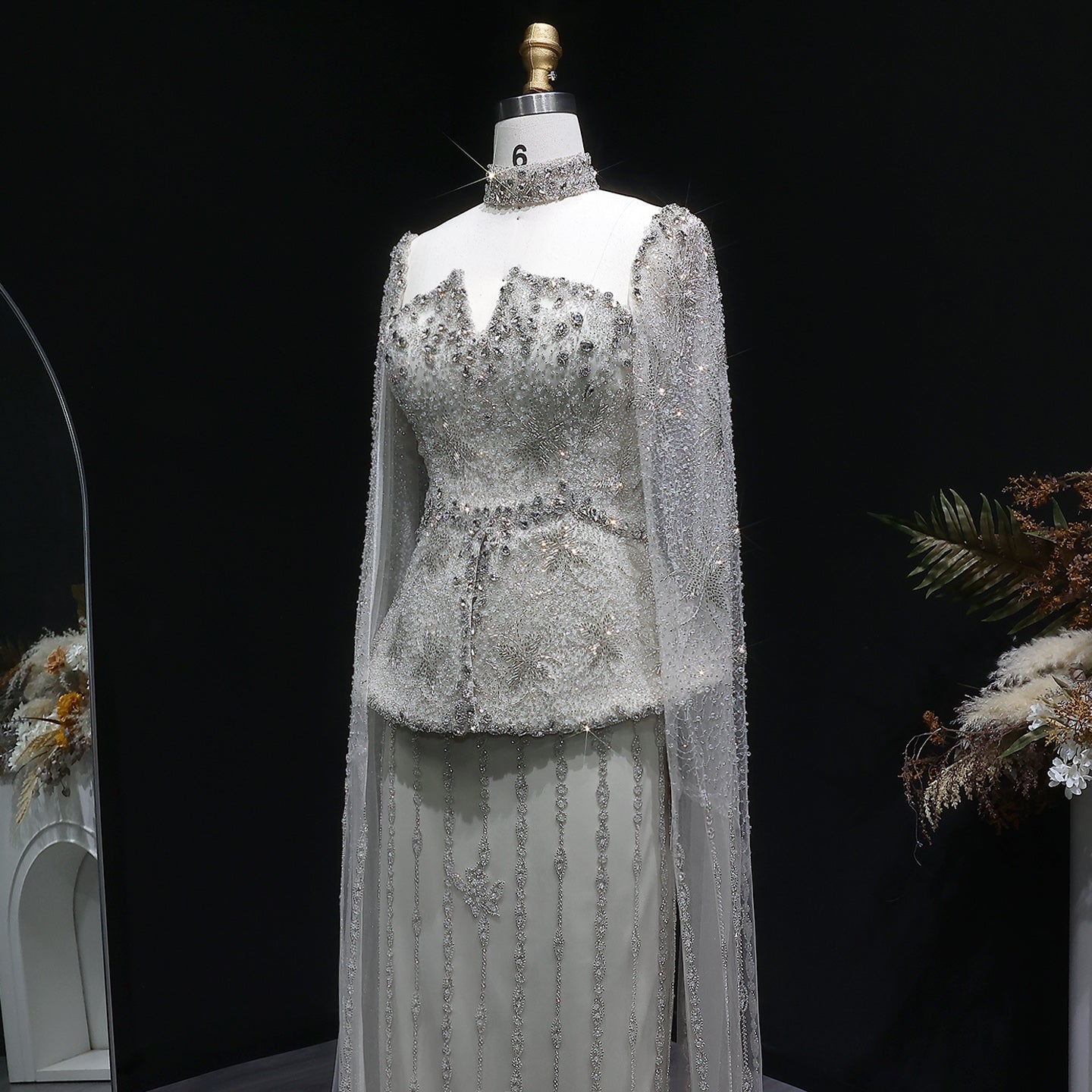 Glamorous Silver High Neck Sheer Evening Dress with Cape Sleeves SS531