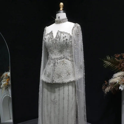 Elegant Silver High Neck Sheer Fitted Evening Dress with Cape Sleeve SS531