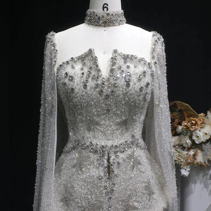 Elegant Silver High Neck Sheer Fitted Evening Dress with Cape Sleeve SS531