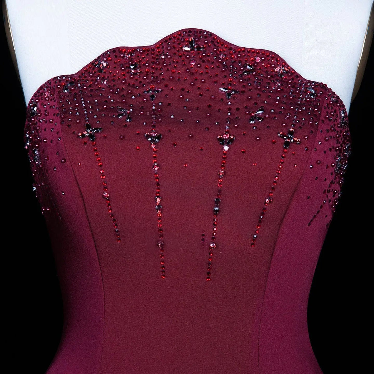 Romantic Burgundy Strapless Beaded Evening Dress with Statement Satin Draped Train SS608