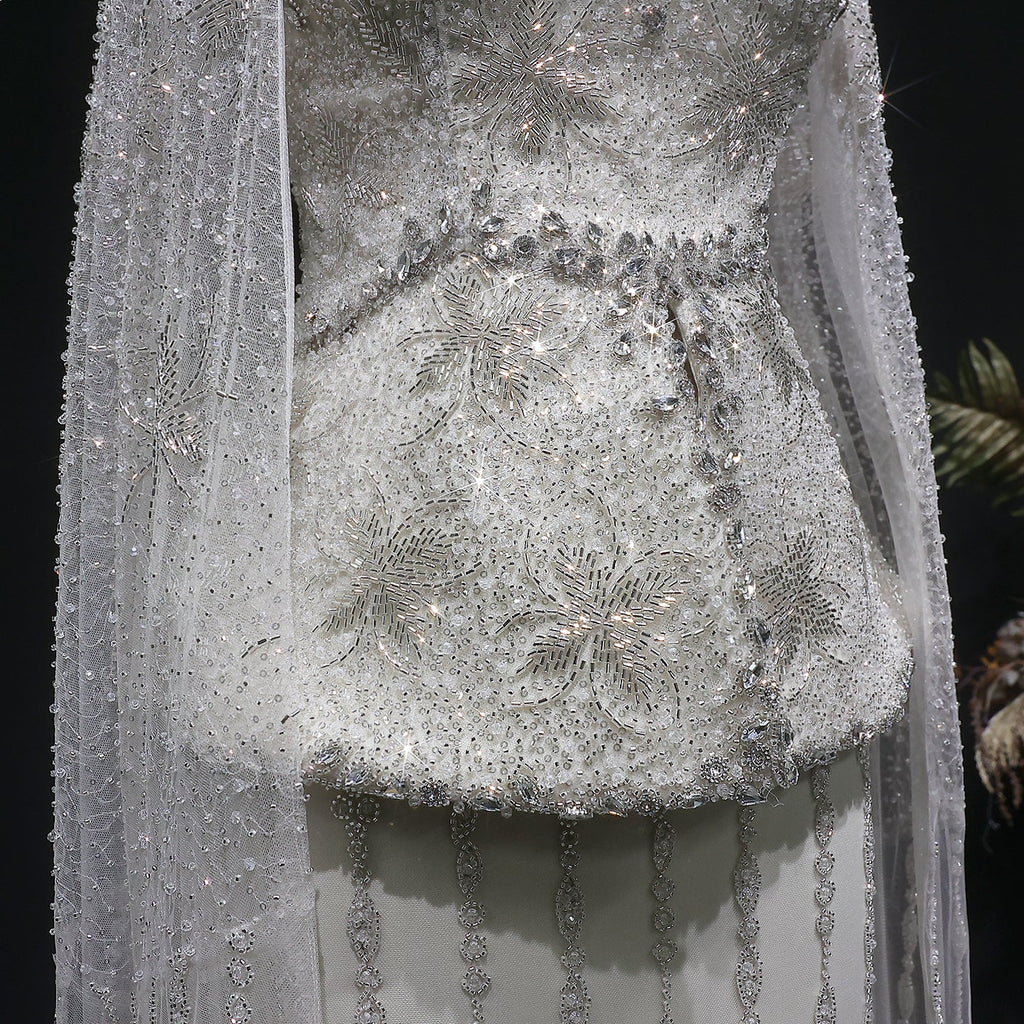 Glamorous Silver High Neck Sheer Evening Dress with Cape Sleeves SS531