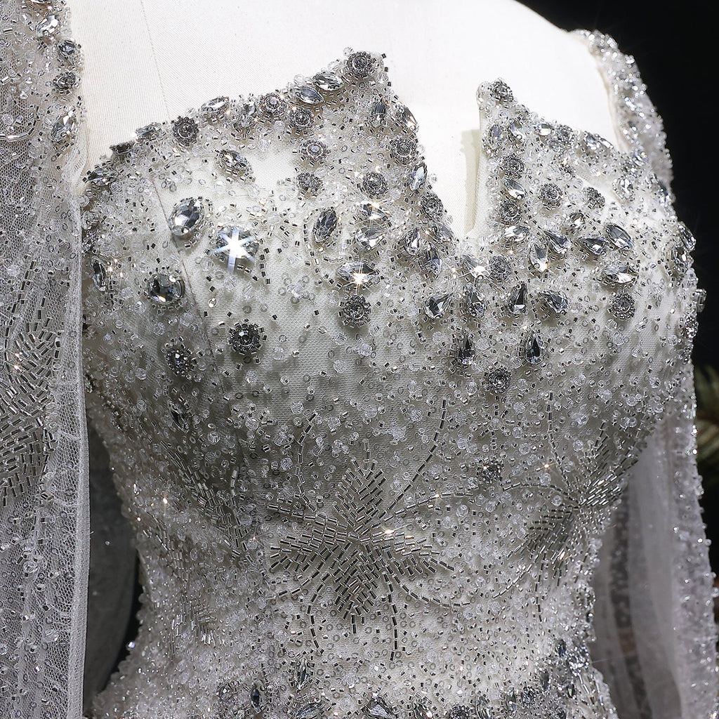 Glamorous Silver High Neck Sheer Evening Dress with Cape Sleeves SS531