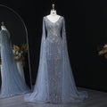 Luxury Beaded Blue V-Neck Mermaid Evening Dress with Cape Sleeves SS251