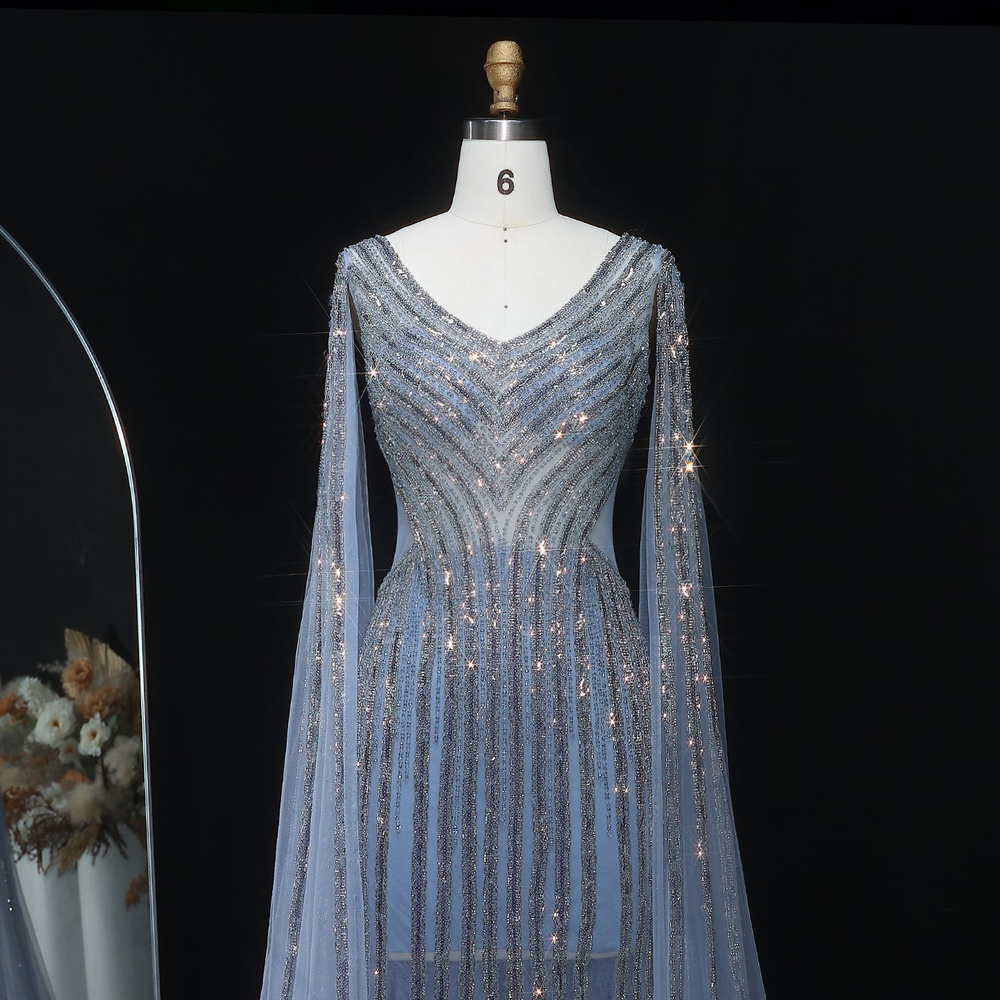 Luxury Beaded Blue V-Neck Mermaid Evening Dress with Cape Sleeves SS251