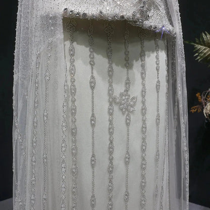 Elegant Silver High Neck Sheer Fitted Evening Dress with Cape Sleeve SS531