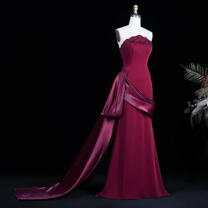 Romantic Burgundy Strapless Beaded Evening Dress with Statement Satin Draped Train SS608