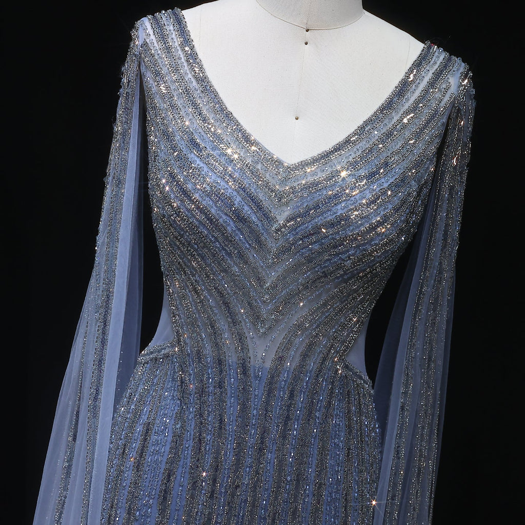 Luxury Beaded Blue V-Neck Mermaid Evening Dress with Cape Sleeves SS251