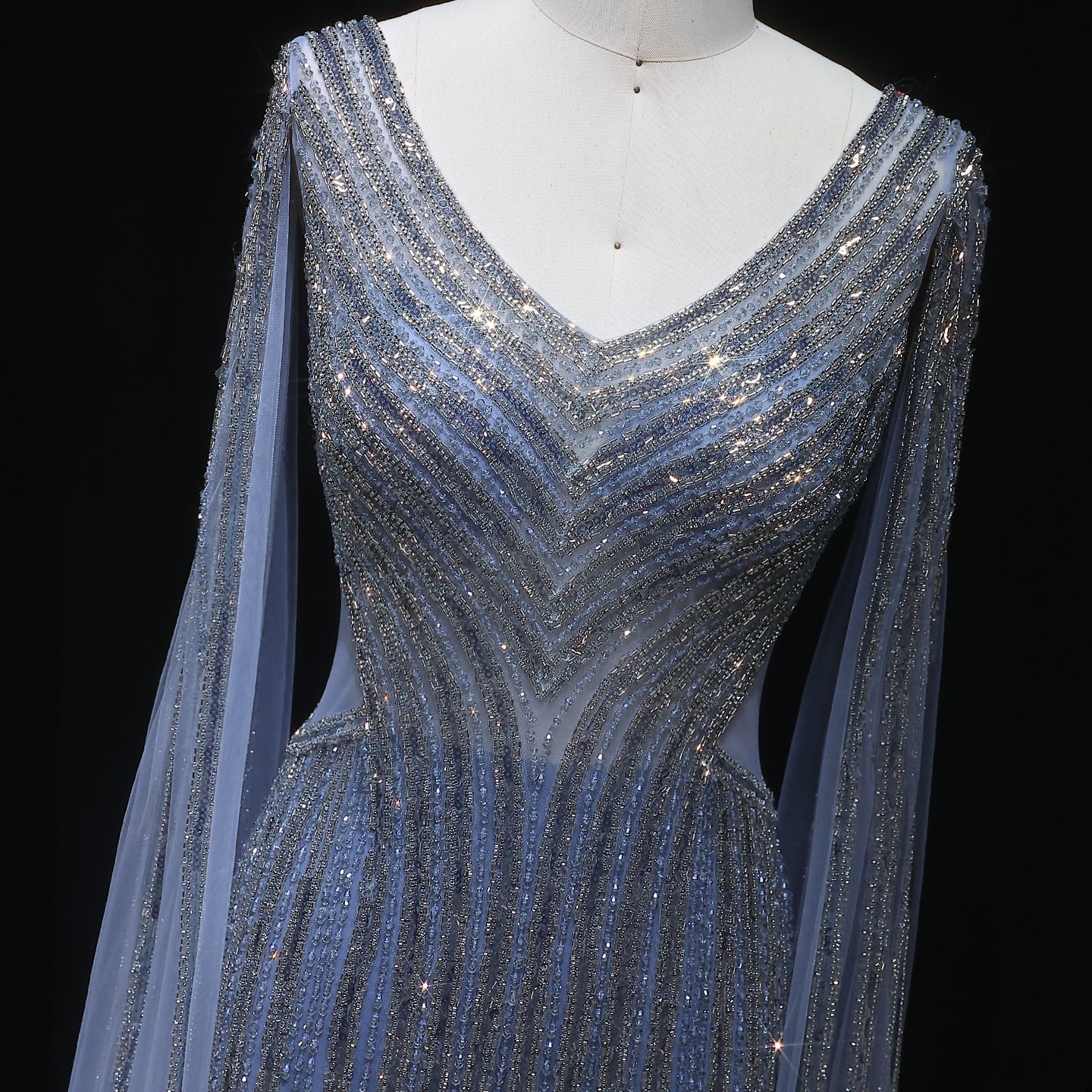 Luxury Beaded Blue V-Neck Mermaid Evening Dress with Cape Sleeves SS251