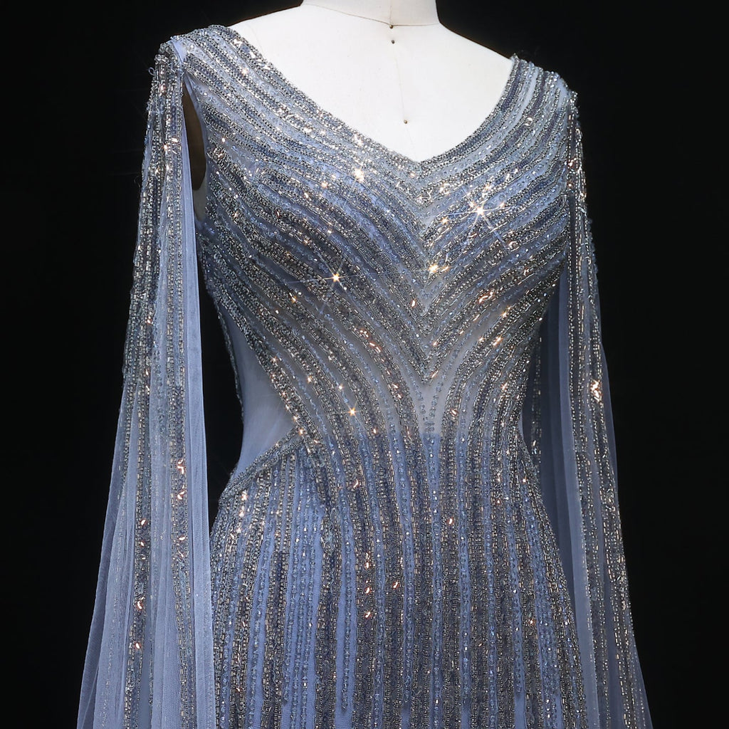 Luxury Beaded Blue V-Neck Mermaid Evening Dress with Cape Sleeves SS251