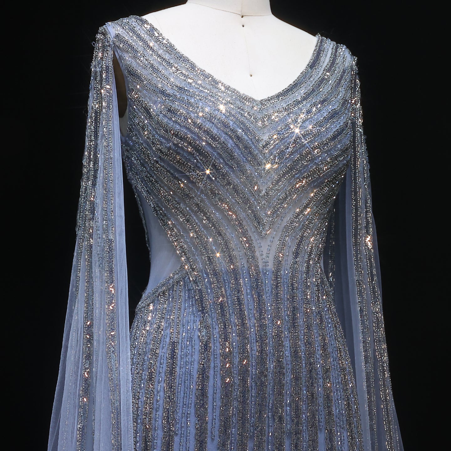 Luxury Beaded Blue V-Neck Mermaid Evening Dress with Cape Sleeves SS251