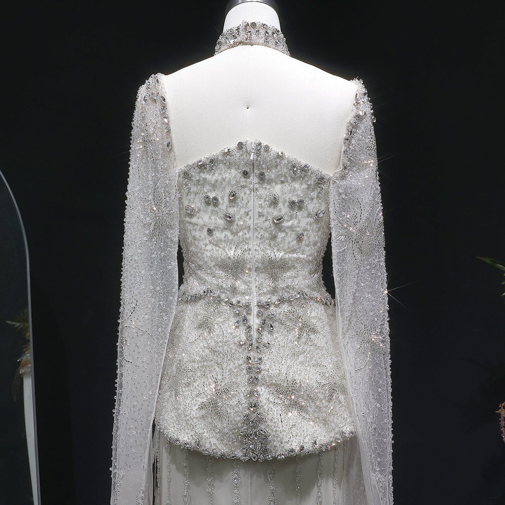 Glamorous Silver High Neck Sheer Evening Dress with Cape Sleeves SS531